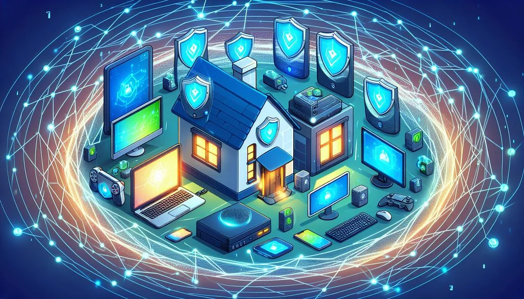 Een huis omringd door gloeiende blauwe schild- en hangslotpictogrammen en verbonden apparaten boven een donker netwerkmesh, dat een versleuteld thuisnetwerk toont.