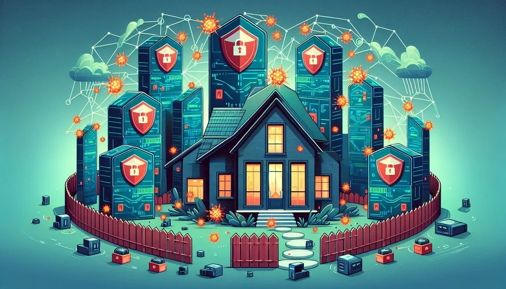 Een huis achter een rode schutting, met daarachter servertorens met hangslot-schilden, met oranje malware-uitbarstingen eromheen die worden tegengehouden door gepatchte verdedigingen.