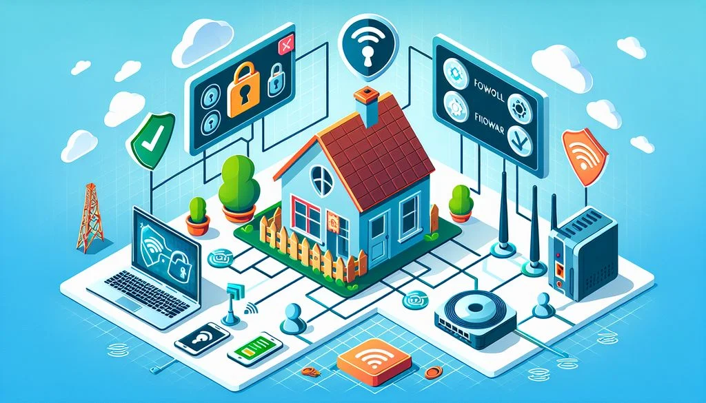 Isometrische scène van een thuisnetwerk met een huis dat is verbonden met een laptop, telefoon en router, plus zwevende hangslot- en schildpictogrammen voor toegangscontrole.