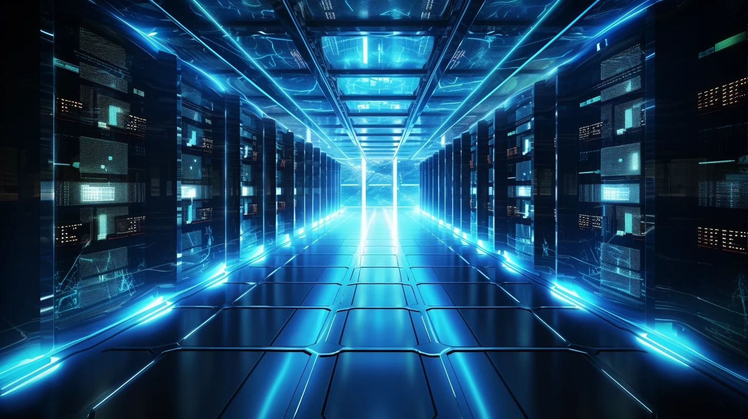 Een netwerkserverruimte met rijen servers.