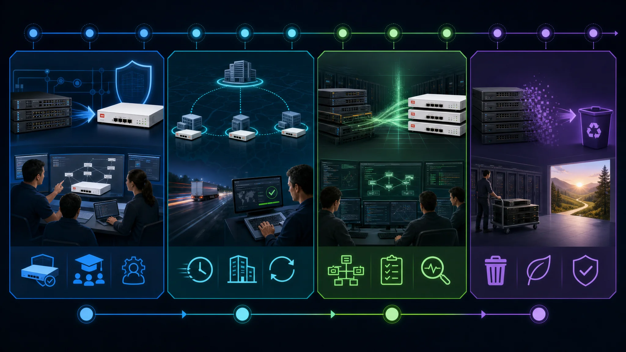 Tijdlijn diagram dat een gefaseerde migratie van 12 maanden van Cisco naar Fortinet netwerkbeveiliging toont met pilotimplementatie in maanden 1 tot 2, uitrol op vestigingen in maanden 3 tot 6, datacenter-overgang in maanden 7 tot 9 en definitieve buitengebruikstelling in maanden 10 tot 12