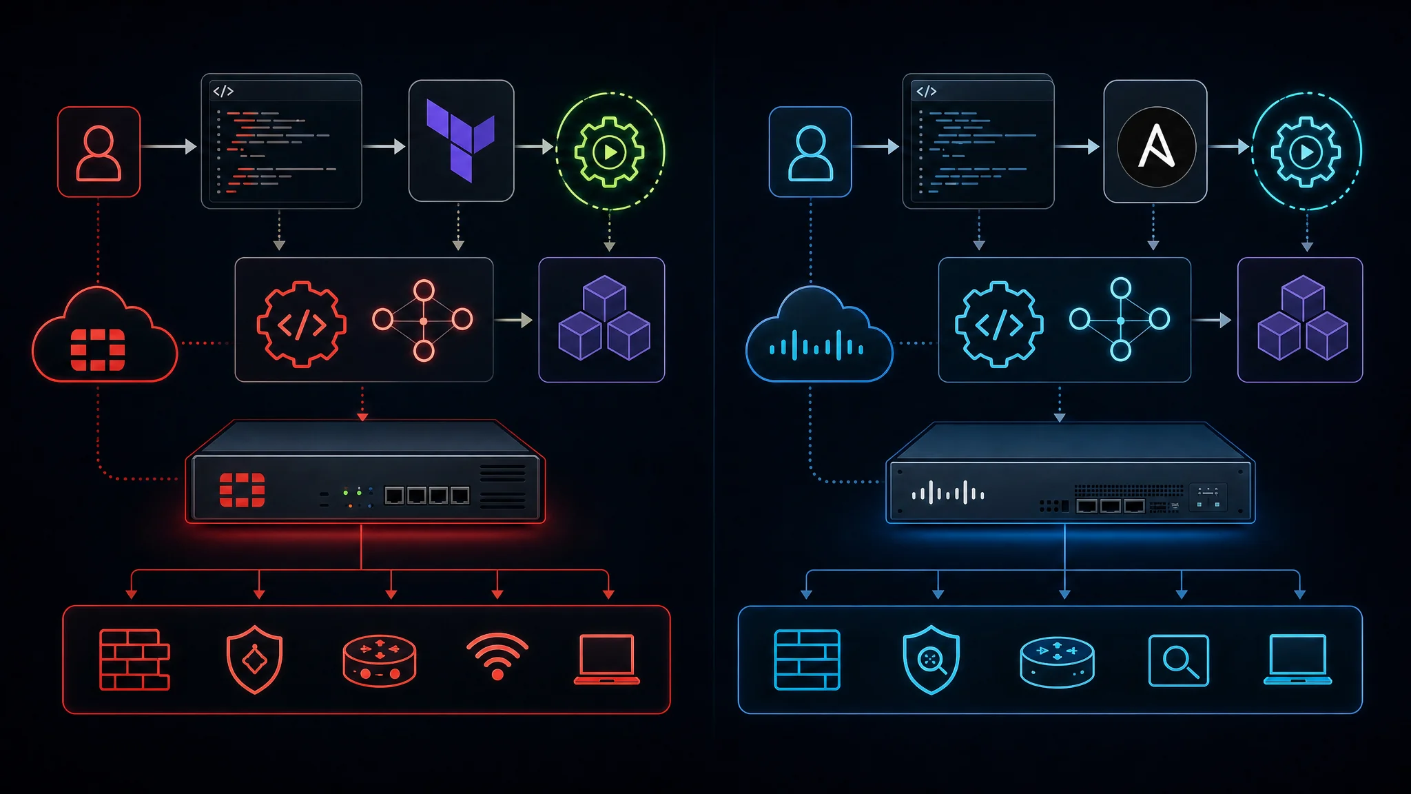 Diagram dat FortiGate REST API en Terraform automatiseringsworkflow vergelijkt met Cisco Firepower Management Center API en Ansible-modules voor netwerkbeveiligingsinfrastructuur als code