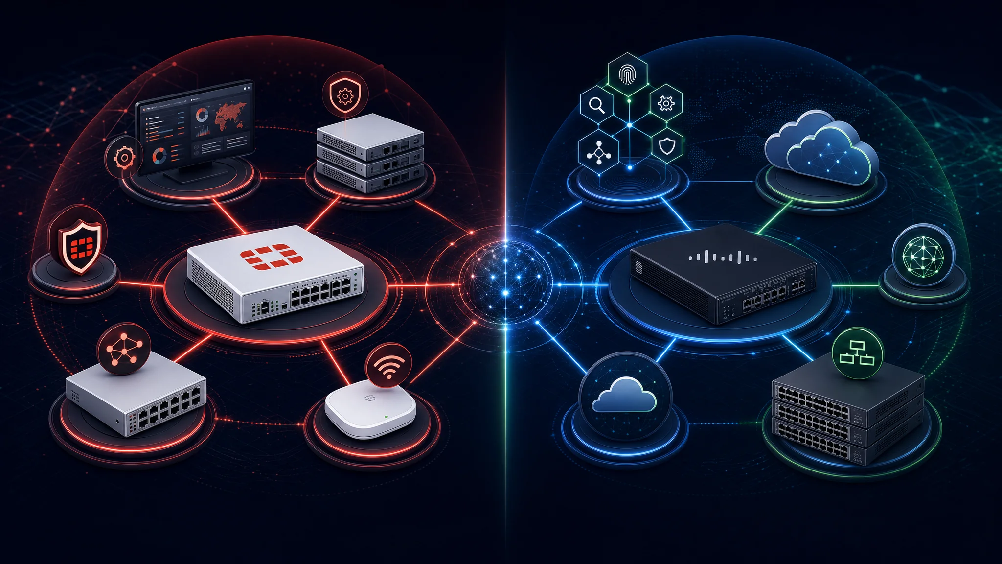 Vergelijkingsdiagram dat het Fortinet Security Fabric productecosysteem toont inclusief FortiGate, FortiSwitch, FortiManager en FortiAP versus het Cisco Secure ecosysteem inclusief Firepower, Catalyst, SecureX en Umbrella