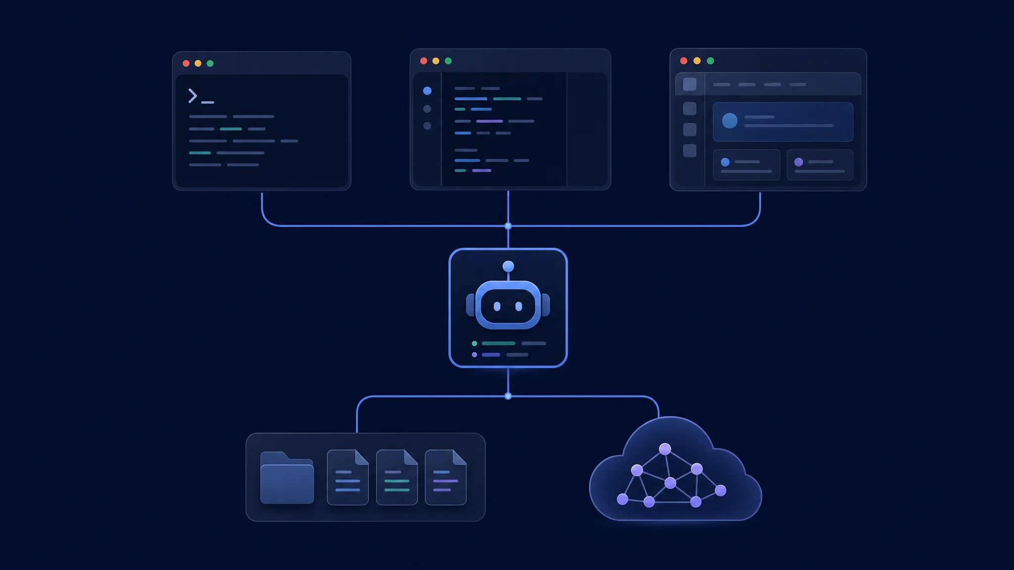 Terminal- en desktopclients verbonden met een agentserver, repositorybestanden en een afzonderlijke inferentiedienst