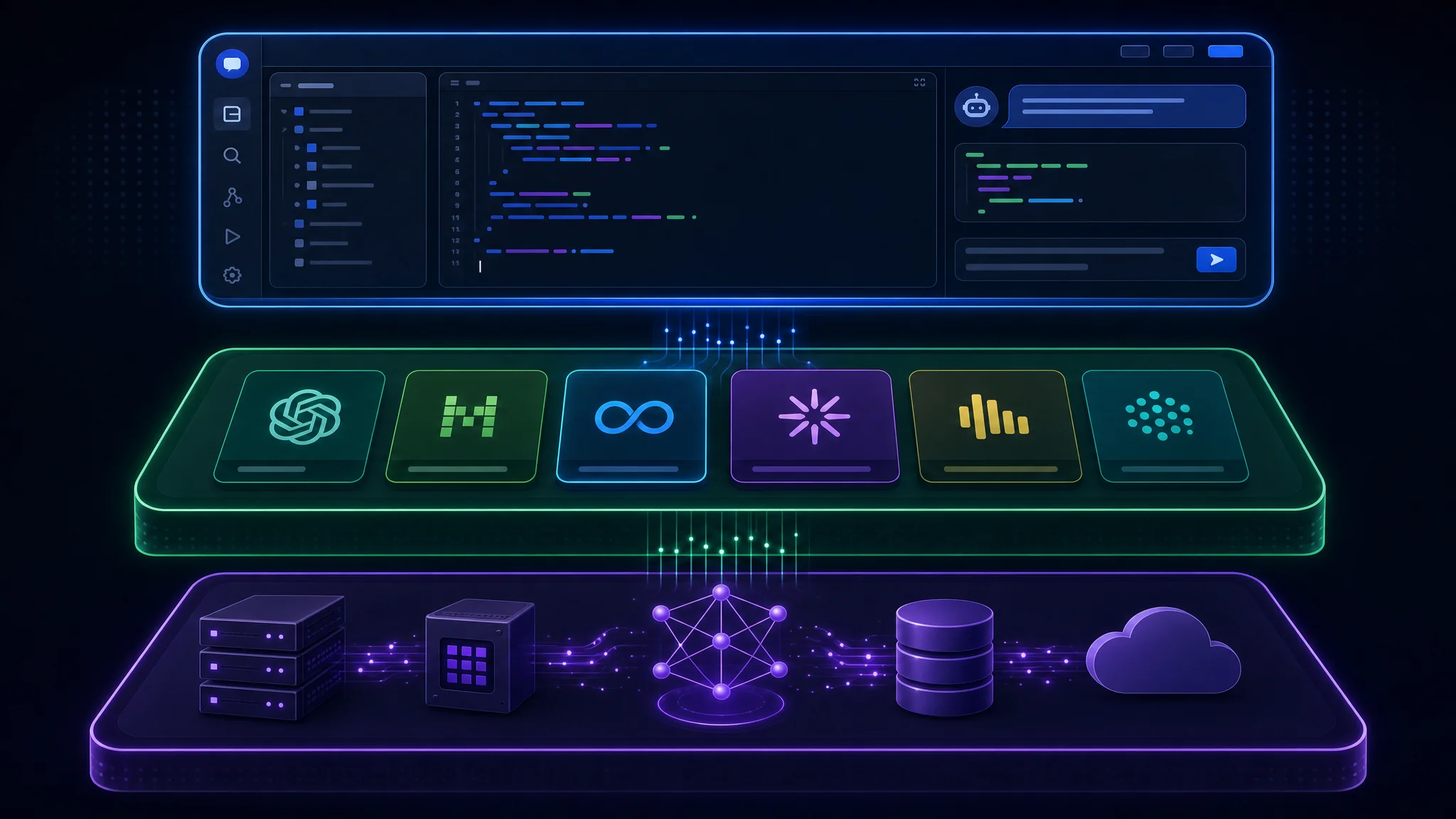 Diagram dat de codeeragentinterface, modelkeuze en lokale of gehoste inferentieservices van elkaar scheidt