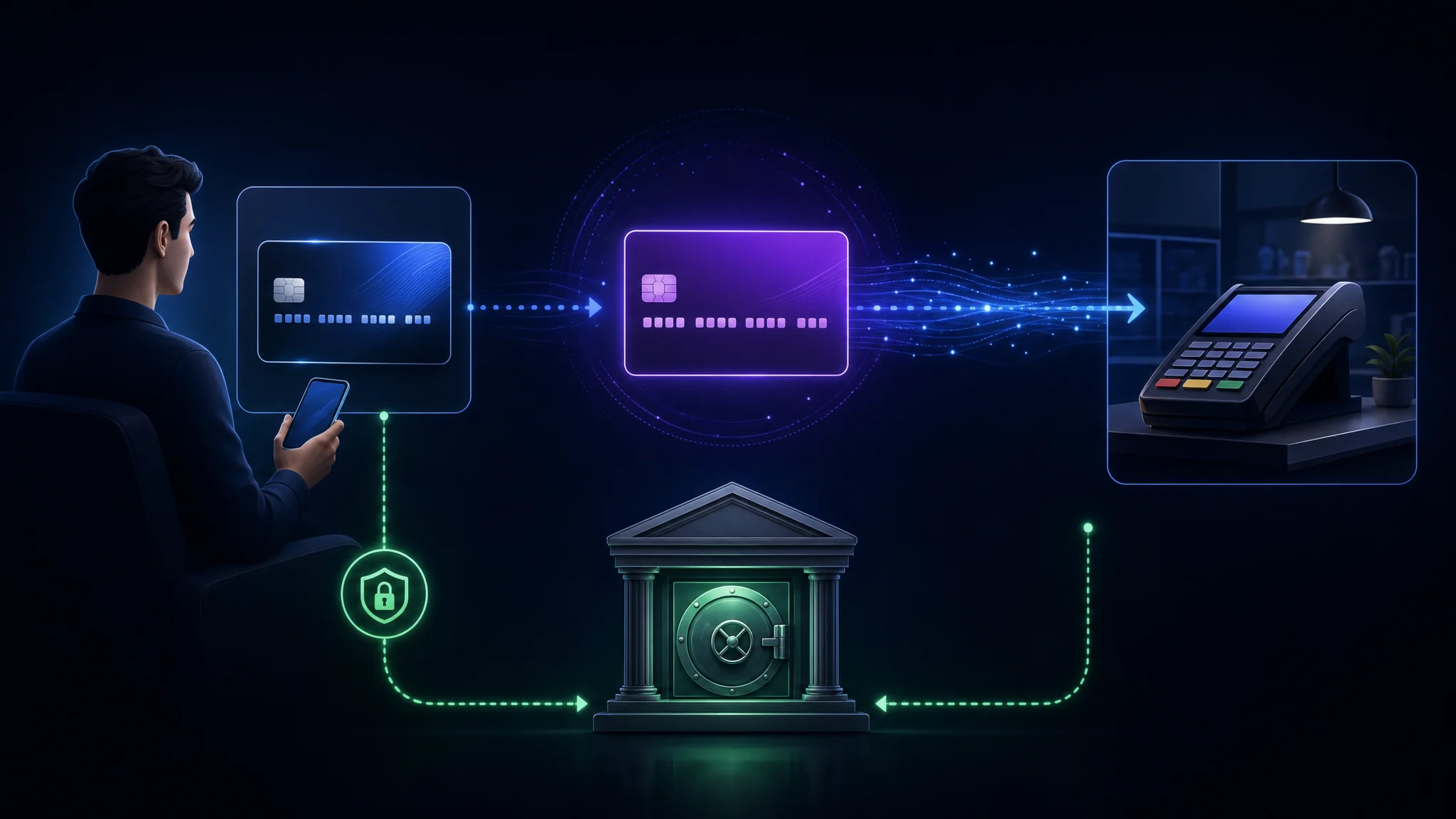 Diagram dat toont hoe een virtueel kaartnummer naar de handelaar gaat terwijl het echte kaartnummer tussen de kaarthouder en de uitgevende bank blijft
