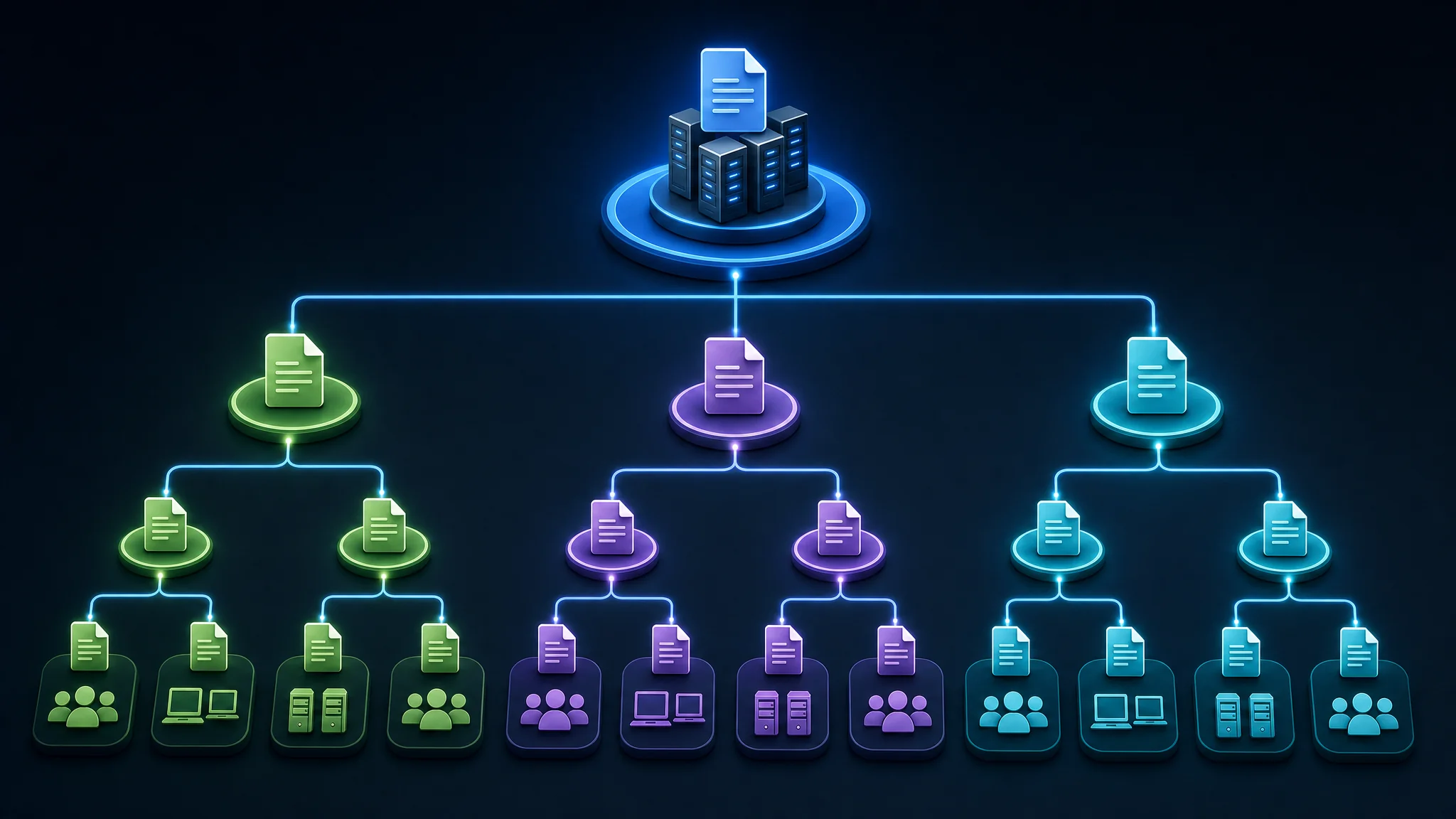 Diagram dat de GPO-hiërarchie en overerving binnen een Active Directory-domein toont, van domeinniveau GPO's tot organisatorische eenheid GPO's