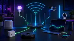 Een illustratie van een moderne thuisnetwerkinstallatie, met een strakke router, slimme IoT-apparaten en een laptop, allemaal tegen een donkere achtergrond met levendige blauwe, groene en paarse accenten.