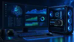 Geïllustreerd desktop-GPU-werkstation met abstracte grafieken en een neuraal netwerk op de monitor