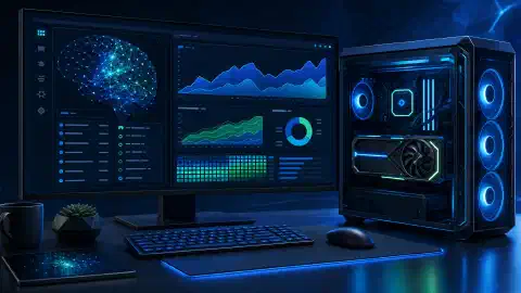 Geïllustreerd desktop-GPU-werkstation met abstracte grafieken en een neuraal netwerk op de monitor