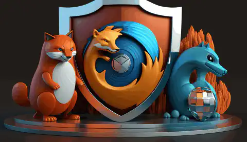 Een 3D-geanimeerde afbeelding met drie cartooneske browserpictogrammen, Brave, Firefox en Tor, omgeven door een schild dat privacybescherming symboliseert, met een hangslot erop.
