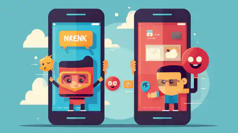 Een beeld in cartoonstijl van twee mobiele apparaten die native en hybride apps voorstellen en naast elkaar staan, met een tekstballon die een gebruikersinterface-element weergeeft, en hun respectieve sterke punten en verschillen op een vriendelijke en aantrekkelijke manier symboliseert