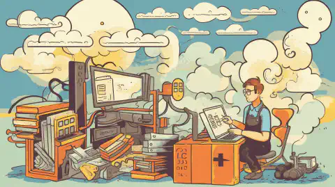 Een beeld in cartoonstijl van een inpakker die verschillende machinebeelden maakt voor meerdere platforms, met een laptop en wolken op de achtergrond.