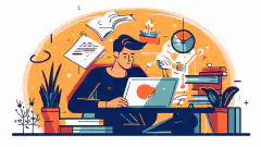 Een beeld in cartoonstijl van een persoon die studeert aan een bureau met een laptop en verschillende boeken en notities, met het CEH-logo op de achtergrond.