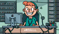 Een stripfiguur zit aan een bureau, omringd door servers en kabels, met het logo van Ansible op het computerscherm, en lacht terwijl taken worden geautomatiseerd.
