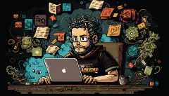 Een tekenfilmontwikkelaar zit aan een bureau met een laptop, omringd door verschillende HTML-, CSS- en JavaScript-elementen die in de lucht om hem heen zweven.