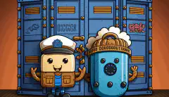 Een cartoon docker container en een cartoon kubernetes pod houden elkaars hand vast en staan bovenop een afgesloten kluis. De achtergrond is een muur van computercode.