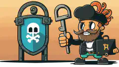 Een cartoon hacker staat naast een groot slot met een hand die een Fernet logo sleutel vasthoudt en de andere hand die een Malboge logo sleutel vasthoudt terwijl een vlag in het slot te zien is