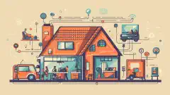 Een cartoonillustratie die een huis toont met onderling verbonden apparaten, zowel bekabeld als draadloos, die een ideale thuisinternetopstelling weergeven.