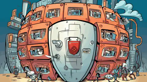 Een cartoonillustratie van een schild dat een netwerkserver beschermt tegen cyberbedreigingen.