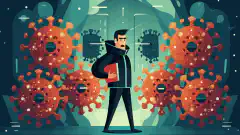Een cartoonillustratie van een cyberbeveiligingsprofessional met een schild die zich verdedigt tegen een zwerm digitale virussen.