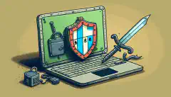 Een cartoonillustratie van een laptop met een slot erop, met op de achtergrond een schild en zwaard die cyberveiligheid voorstellen.