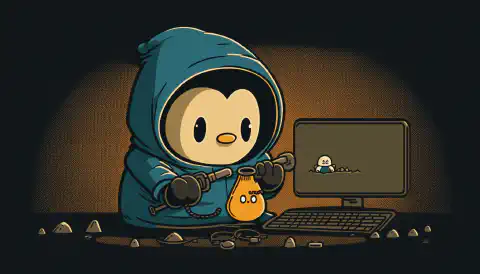 Een cartoonillustratie van een persoon met een capuchon op, zittend voor een computerscherm waarop de Linux-opdrachtregelinterface zichtbaar is, en met een vergrootglas in de hand om het aspect cyberbeveiliging weer te geven.