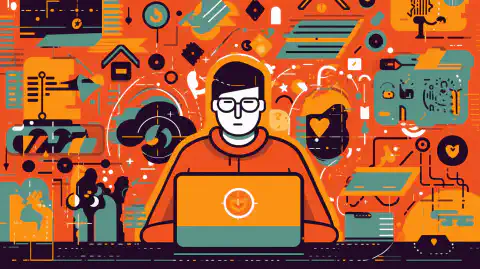 Een cartoonillustratie van een persoon die op een laptop werkt met cyberbeveiligingspictogrammen en -symbolen eromheen.