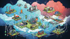 Een cartoonillustratie die verschillende netwerkcomponenten en cloudconnectiviteitsopties laat zien