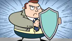 Een cartoonafbeelding van een bedrijfseigenaar die een schild vasthoudt met het label cyberbeveiligingsverzekering en cyberbedreigingen blokkeert.