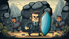 Een cartoonbeeld van een zakenman die op een rots staat en een schild vasthoudt om zijn bedrijf te beschermen tegen cyberdreigingen, met achter hem een rij leveranciers van derden die verschillende beveiligingsdiensten aanbieden.