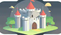  Een cartoonafbeelding van een kasteel beschermd door een schild, die de beveiligingsmaatregelen voorstelt voor de infrastructuur die door Ansible wordt beheerd.
