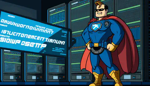 Een cartoonbeeld van een zelfverzekerde systeembeheerder met een superheldencape, staand naast een goed georganiseerd serverrek, met een PowerShell DSC-script in de ene hand en een schild met het Windows-logo in de andere, de servers beschermend tegen configuratiedrift en beveiligingsrisico's.