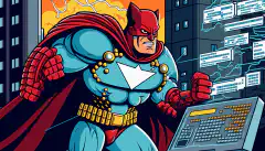 Een cartoonafbeelding van een superheld op het gebied van cyberbeveiliging die een stad verdedigt tegen cyberbedreigingen.