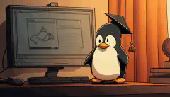 Een cartoon afbeelding van een pinguïn met een afstudeercap, die een diploma vasthoudt en voor een computer staat met een Linux desktop omgeving op de achtergrond.