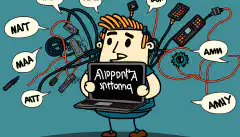 Een cartoon afbeelding van een persoon die een laptop vasthoudt, omringd door verschillende computer hardware componenten en netwerk kabels, met een gedachte bubbel die een reeks CompTIA A+ acroniemen en probleemoplossing procedures weergeeft.
