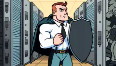 Een cartoonafbeelding van een persoon die een schild vasthoudt en de wacht houdt voor een serverruimte om de bescherming en beveiliging weer te geven die het implementeren van patches biedt.