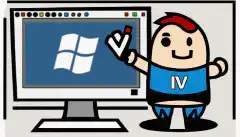 Een cartoonbeeld van een persoon die een USB-stick met een Windows-logo en een vinkje vasthoudt, staand voor een computerscherm met een Windows-logo erop.