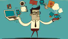 Een cartoonbeeld van een persoon die jongleert met verschillende persoonlijke apparaten (laptop, smartphone, tablet) en werkgerelateerde zaken (documenten, koffiekopje).