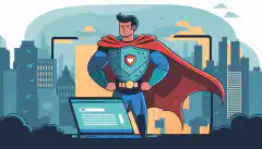 Een cartoonbeeld van een webontwikkelaar die een superheldencape draagt en een schild vasthoudt. Het schild beschermt een laptop met een webapplicatie-interface op het scherm.