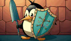 Een cartoonslot houdt een schild vast met het woord Linux erop, terwijl een pijl van het schild afketst.