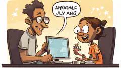 Een cartoon van een ouder en een kind die samen een computer gebruiken, met een tekstballon boven de computer met een positieve boodschap.