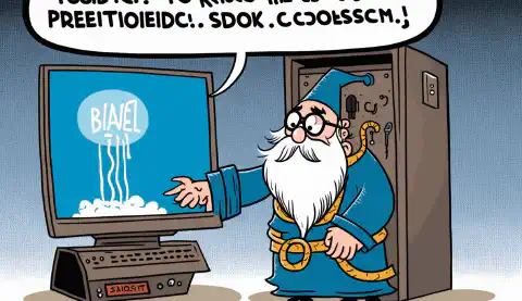 Een cartoon van een tovenaar die een spreuk uitspreekt om een bevroren computer te repareren, met een tekstballon die zegt Probleem opgelost