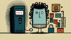 Een stripfiguur die voor een computer staat, met een slotsymbool boven zijn hoofd en verschillende soorten authenticatiefactoren, zoals een sleutel, een telefoon, een vingerafdruk, enz. die om hem heen zweven.