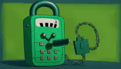 Een cartoontelefoon met een groen scherm en een hangslot erop, als symbool voor veiligheid en encryptie, met DTMF-tonen op de achtergrond.
