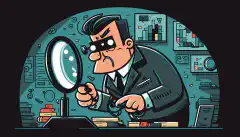 Een cartooneske beveiligingsanalist met een vergrootglas, op zoek naar verborgen cyberbedreigingen op een computerscherm.