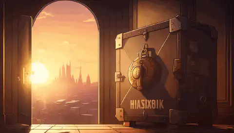 een cartoonachtige kluisdeur die wordt ontgrendeld met een sleutel die een schatkist onthult, allemaal tegen een achtergrond van een Parijs stadslandschap bij zonsondergang.