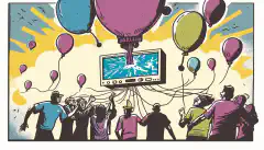 Een cartooneske afbeelding van een groep individuen die een heliumballon exploiteren met een afbeelding van een LoRaWAN-gateway en MiddleMan of Chirp Stack Packet Multiplexer op de achtergrond.