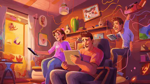 Een kleurrijke cartoonillustratie van een gelukkig gezin thuis, omringd door verschillende apparaten die zijn aangesloten op T-Mobile Home Internet.