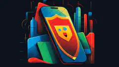 Een kleurrijke cartoonillustratie van een Google Pixel-apparaat met een schild dat de verbeterde privacy- en beveiligingsfuncties symboliseert.